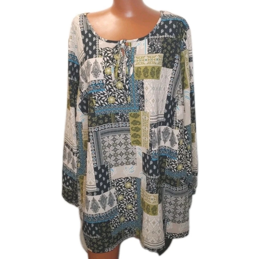 Y2k Boho Patchwork Tunic Popover Top Woman 3X Oversized Vacation Colorful Boho
